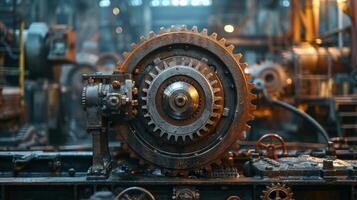 AI generated With gears whirring, it strikes a pose against a backdrop of industrial machinery photo