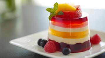 AI generated A mesmerizing layered jelly dessert with alternating fruit and cream layers, a delightful fusion photo