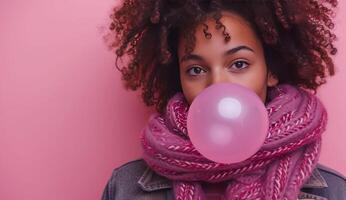 AI generated a woman blowing a bubble on pink background with purple scarf photo