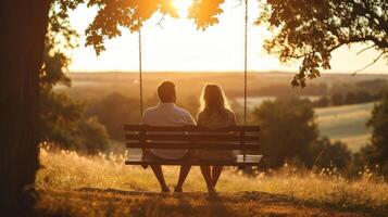 AI generated A couple sharing a quiet, intimate moment on a rustic wooden swing overlooking a picturesque meadow photo