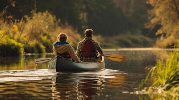 ai generado un Pareja en un canoa, remar suavemente a lo largo un tranquilo río, su reflexiones reflejado en el agua superficie foto