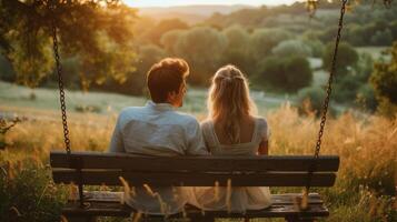 AI generated A couple sharing a quiet, intimate moment on a rustic wooden swing overlooking a picturesque meadow photo