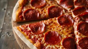 AI generated A classic pepperoni pizza, perfectly sliced and ready to be enjoyed. photo