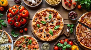 ai generado un festivo Pizza fiesta, completar con un variedad de coberturas para invitados a personalizar su rebanadas foto