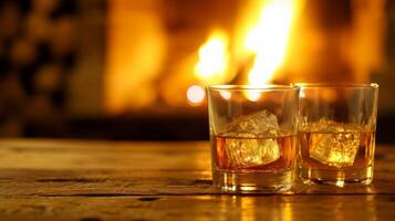 AI generated A cozy fireside scene with glasses of aged scotch and a crackling fireplace photo