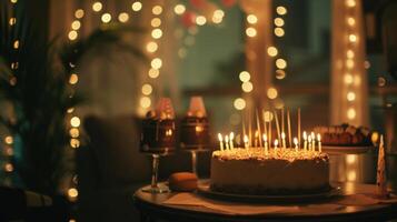 AI generated A cozy indoor birthday celebration with warm lighting and homemade decorations photo