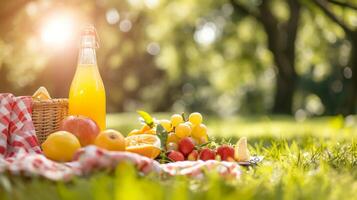 AI generated A picnic spread featuring a chilled bottle of lemonade and fresh fruit under dappled sunlight photo