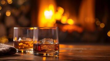 AI generated A cozy fireside scene with glasses of aged scotch and a crackling fireplace photo