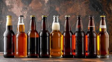 AI generated A collection of craft beer bottles showcasing a wide range of beer styles and flavors photo