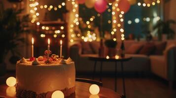 AI generated A cozy indoor birthday celebration with warm lighting and homemade decorations photo