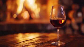 AI generated A relaxing evening by the fireplace, enjoying a glass of port wine with friends photo