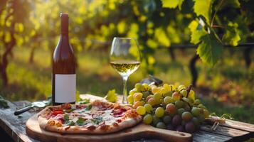 ai generado un rústico picnic con Pizza y vino en un bañado por el sol viñedo foto