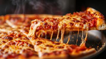 AI generated A mouthwatering deep-dish pizza, oozing with cheese and tomato sauce photo