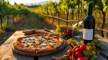 ai generado un rústico picnic con Pizza y vino en un bañado por el sol viñedo foto