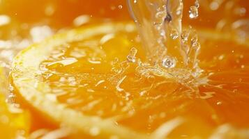 AI generated Close-up of a succulent orange being squeezed, releasing its luscious juice photo