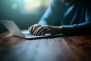 ai generado un hombre es utilizando un computadora portátil, en el estilo de ligero verde azulado y oscuro Armada foto