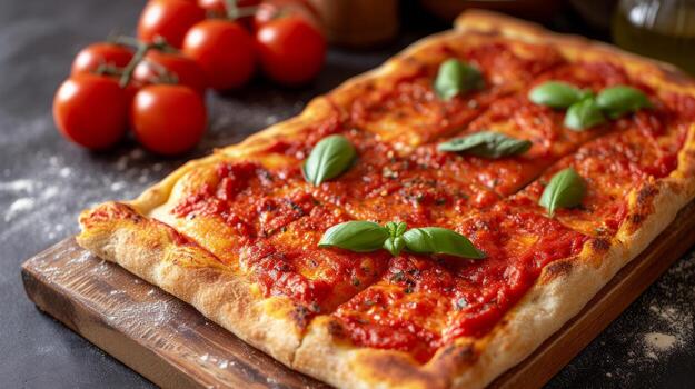 AI generated A rectangular Sicilian pizza with a thick, golden-brown crust and tomato sauce photo