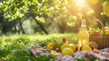 AI generated A picnic spread featuring a chilled bottle of lemonade and fresh fruit under dappled sunlight photo