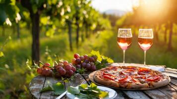 ai generado un rústico picnic con Pizza y vino en un bañado por el sol viñedo foto