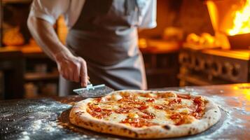 ai generado un pizzaiolo expertamente corredizo un Pizza pelar debajo un recién horneado pizza, Listo para rebanar foto