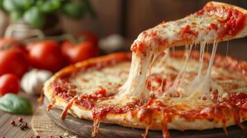 AI generated A mouthwatering deep-dish pizza, oozing with cheese and tomato sauce photo