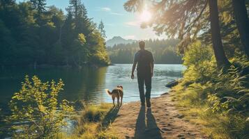 ai generado un hombre y su perro explorador un tranquilo orilla del lago camino, el perro emocionado líder el camino foto