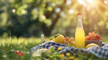 AI generated A picnic spread featuring a chilled bottle of lemonade and fresh fruit under dappled sunlight photo