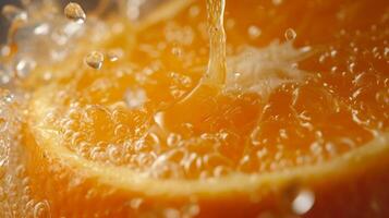 AI generated Close-up of a succulent orange being squeezed, releasing its luscious juice photo