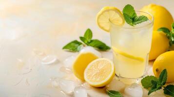 ai generado un refrescante vaso de limonada adornado con un rebanada de limón y ramitas de Fresco menta foto