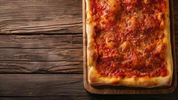 AI generated A rectangular Sicilian pizza with a thick, golden-brown crust and tomato sauce photo