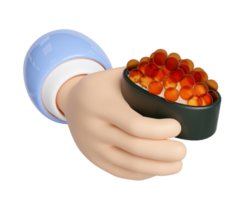 3d hand hold rolled sushi of salmon roe nigiri. japanese food isolated concept, 3d render illustration png