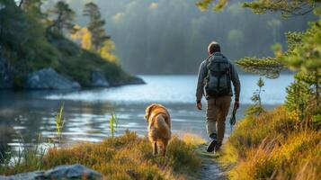 ai generado un hombre y su perro explorador un tranquilo orilla del lago camino, el perro emocionado líder el camino foto