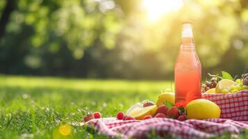 AI generated A picnic spread featuring a chilled bottle of lemonade and fresh fruit under dappled sunlight photo