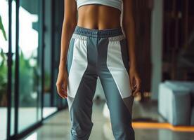 AI generated a girl standing in her grey and white sports pants photo