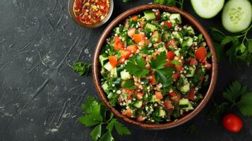 AI generated A Mediterranean-inspired tabbouleh salad with parsley, tomatoes, cucumbers, and bulgur wheat photo