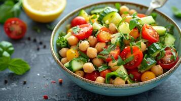 AI generated A light and healthy chickpea salad with cherry tomatoes, cucumbers, and a lemon tahini dressing photo