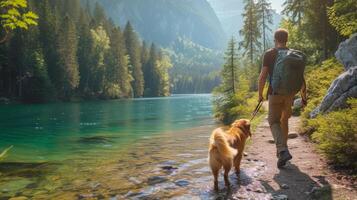 ai generado un hombre y su perro explorador un tranquilo orilla del lago camino, el perro emocionado líder el camino foto