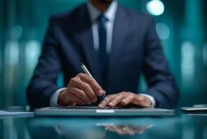 AI generated a guy in a suit is working on a laptop, in the style of light teal and dark navy photo