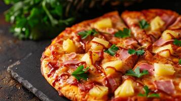 ai generado un hawaiano Pizza con piña, jamón, y un llovizna de dulce parilla salsa foto