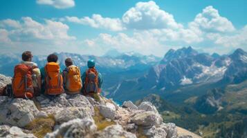 AI generated A group of hikers taking a break on a rocky mountaintop, enjoying a panoramic view photo