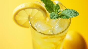 ai generado un refrescante vaso de limonada adornado con un rebanada de limón y ramitas de Fresco menta foto