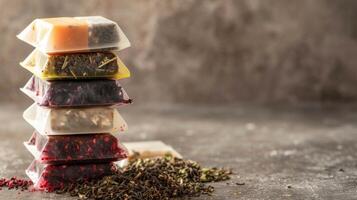 AI generated A stack of tea bags in various flavors, ready to be steeped in hot water photo