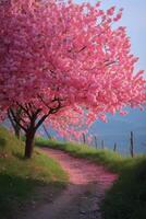 AI generated A majestic cherry blossom tree, its pink petals forming a canopy of serenity photo