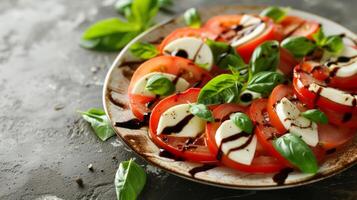 ai generado un Fresco caprese ensalada exhibiendo maduro Tomates, queso Mozzarella, albahaca, y un llovizna de balsámico vidriar foto