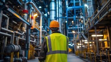 ai generado espalda ver de un trabajador en alto visibilidad ropa inspeccionando operaciones en un industrial planta foto