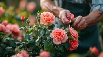 ai generado un experimentado horticultor cuidadosamente poda un lozano, cierne Rosa arbusto en un tranquilo jardín foto