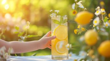 ai generado un joven niño mano alcanzando para un alto vaso de limonada, capturar el inocencia de verano foto