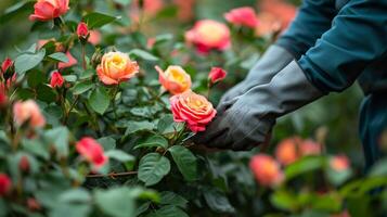 ai generado un experimentado horticultor cuidadosamente poda un lozano, cierne Rosa arbusto en un tranquilo jardín foto