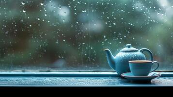 AI generated A tranquil moment with a teapot and cup on a windowsill, raindrops on the glass photo