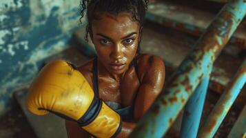 ai generado atlético mujer en boxeo formación foto